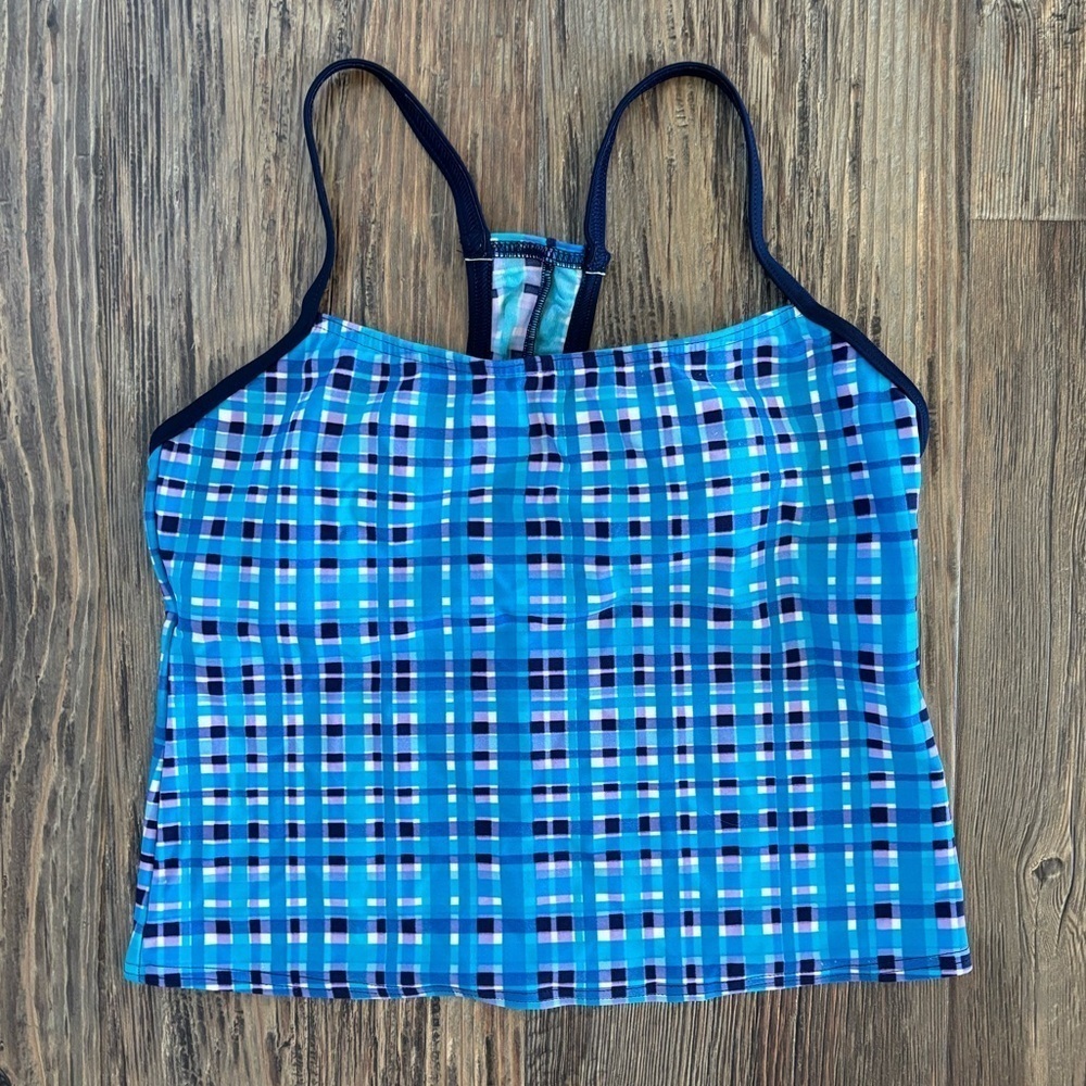 Christina Sport Tankini Swim Top Sz 8 Blue Purple White Plaid Racerback Swimwear